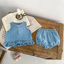 Clothing Sets 2024 Summer Baby Girl Denim Clothes Set 0-3Years Fashion Kids Sleeveless O-Neck Embroidered Tops Bloomer Short 2PC Outfits