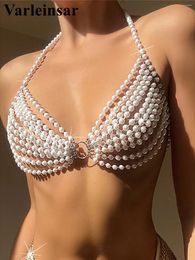 Women's Swimwear Luxury Pearls Halter Hollow Out See Through Bikini Top Female Swimsuit Women Bather Bathing Suit Swim Beach V5409