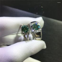 Cluster Rings Silver Excellent Cut 1 Round Diamond Test Passed Green Moisanite Couple 925 Emerald Ring Men Women Jewellery