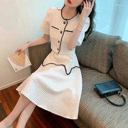 Work Dresses Spring Summer Chic Two Piece Sets Women Puff Sleeve Tops High Waist Big Swing Skirt Outfits Femme Temperament White Black Suit