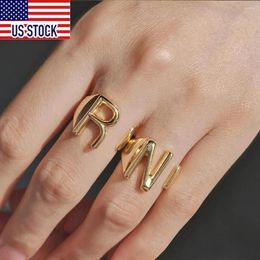 Cluster Rings Capital A-Z Letter Ring For Women Girls Gold Colour Alphabet Signet Open Name Party Wedding Dropship GR68A