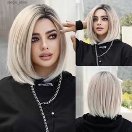 Synthetic Wigs NAMM Short Ombre Blonde Bob Wig for Women Daily Party Natural Synthetic Lavender Side parting Wig Heat Resistant Straight Wigs Y240401