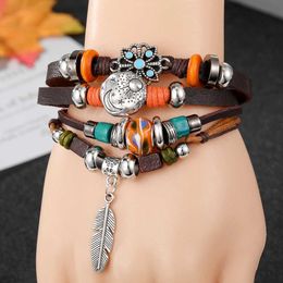 Chain Vintage Gothic Punk Moon Star Metal Multi layer Leather Bracelet for Men Leaf Bracelets and Bracelets for Mens Arms Sun Jewelry Wholesale Q240401