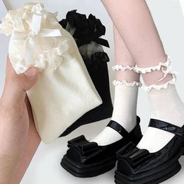 Women Socks Sweet Lace Ruffle Girls Harajuku Lolita Bowknot Middle Tube JK Kawaii Cotton Breathable Ankle Sock Black White