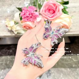 Sets Luxury 925 Stamp Pink Cubic Zirconia Butterfly Ring Necklace for Women Wedding Engagement Statement Party Jewellery Sets