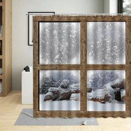 Shower Curtains Retro Window Snowflake Landscape Curtain Spring Grassland Nature Scenery Stream Bathroom Decor With Hooks Bath