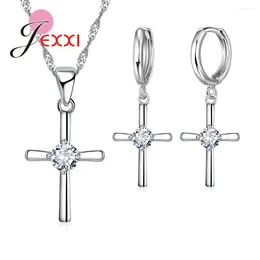 Necklace Earrings Set Modern 925 Sterling Silver Needle Rings Fashion Women Cross Jewellery Zircon Rhinestone Stone Wedding Engagement