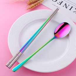 Chopsticks Hashi Silver 18/10 Stainless Steel Korean Chopstick And Spoon Set Dinnerware Black Dessert Long Handle Chop Sticks