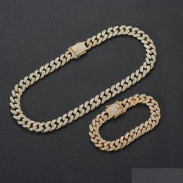 Bracelet Necklace European American 12Mm Hip-Hop Fl Diamond Cuban Chains Necklace Bracelets Set Mens Rap Rope Choker Alloy Bracelet Dhjlr