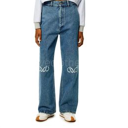 Designer Donna Moda Lusso Jeans Loeewewe Jeans da donna filettati scavati con lettera grafica in denim Pantaloni casual lunghi dritti in denim moda ricamati Pantaloni