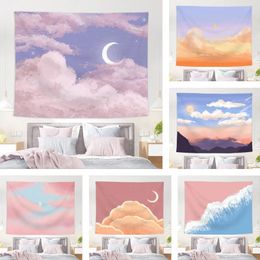 Pink Moon Tapestry Ins Hanging Cloth Background Canvas Oil Painting Dream Room Decoration Wall Covering 240328