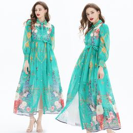 Long Sleeved Chiffon Floral Maxi Dress Shirt Collar Designer Elegant Women Button Cardigan Dresses Runway vintage Print Casual Beach Party Cocktail Robes Clothes