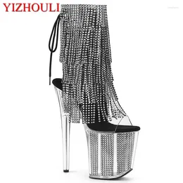 Dance Shoes Crystal Soles Sexy Peep-toe Ankle Boots Fringed Vamp Shiny Models Use 20cm Heels For Party Pole Dancing