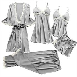 X2AY Sexy Pyjamas 2024 Sexy Five-Piece Pyjamas Womens Summer Half Sleeve Bridal Gown Plus Size Homewear Nightgown Bathrobe European and American 2404101