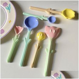 Spoons Tip Flower Long Handle Spoon Household Ceramic Breakfast Dessert Coffee Boutique Kitchen Supplies Drop Delivery Home Garden D Dhmnk