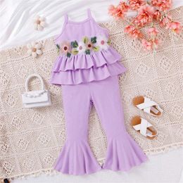 Clothing Sets Children's Summer Girls Two Piece Outfits Embroidered Print Ruffle Camisole Top Pants Kids Clothes 4 5 6 7 Years