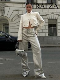 TRAFZA Women Fashion Silver High Waist Cargo Pants Vintage Pocket Decoration Elegant Casual Loose Woman Shiny Trousers Y2K 240322