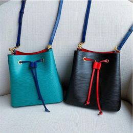 Bag 2024 Real Leather Water Ripple Bucket Bags Women's Shoulder Fashion Messenger Female Handbags