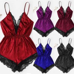 Sexy Pyjamas New 2024 Women Girls Sexy Lace V-Neck Halter Lingerie Summer Fashion Women Bodysuit Backless Bow Shorts Sleep Wear Set 240330