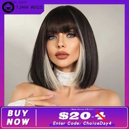 Synthetic Wigs 7JHHWIGS Black Short Bob Wig for Women Synthetic Hair Natural Supple Summer Heat Resistant Wig With Bangs Cosplay Party Y240401