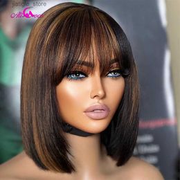 Synthetic Wigs 180 Density Full Machine Wigs Highlight Brown Coloured Bone Straight Human Hair Bob Wigs P1B 30 Human Hair With Bangs For Women Y240401