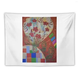 Tapestries Matisse Flower Vase. Leaves. Coloured Squares. Orange Red. Tapestry Home Decorations Room Decor