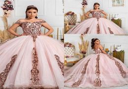 2021 Luxury Rose Gold Blush Pink Sequined Lace Quinceanera Dresses Ball Gown Puffy Off Shoulder Sequins Sweet 16 Party Prom Dress 6768666