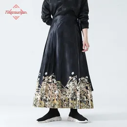 Men's Pants Horse-faced Skirt Elegant Vintage Chinese Ming Style Men Maxi With Floral Print High Waist Seft Tie Pleated For Women