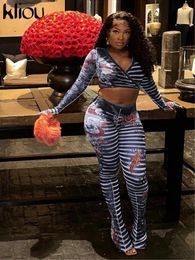 Women's Two Piece Pants Sleeve V-neck Bare Midriff Tops High Waist Trousers Sheer Female Mesh Striped Print 2 Set Women Trend Long