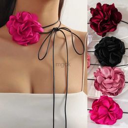 Pendant Necklaces Rose Flower To The Neck Choker Necklace for Women Black and White Romantic Chiffon Jewelry on Neck Elegant Wed Party Accessories 240330