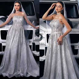 Fancy Strapless Wedding Dress Sequins Bridal Dresses Crystal Sleeveless A Line Shiny Sweep Train Bride Gowns Plus Size