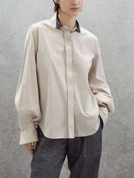 Women's Blouses Women Beading Turn-down Collar Shirt Covered Buttons Long Sleeve Straght Female Elegant Blouse Top 2024 Autumn