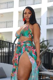 Work Dresses S-5XL Floral Printed Two Piece Set Holiday Clothes Lace Up Backless Crop Top High Split Long Skirts Summer Suits 2024 Beachwear