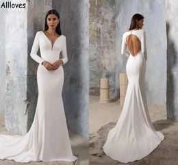 New Designer Mermaid Wedding Dresses With Long Sleeves Simple Elegant White Satin Bridal Gowns Shiny Sequins Sexy Deep V Neck Backless Bride Marriage Robes