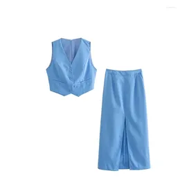 Work Dresses 2024 Women's Summer V-neck Sleeveless Fashion Slim Blue Vest High Waist Slit Skirt Set