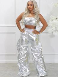 Women's Two Piece Pants 2013 Sliver Metallic Birthday Outfits Women Peice Sets Club Party Crop Top And Streetwear Hip Hop Rave Festival