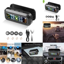 2024 Solar Power Tpms Car Tyre Pressure Monitoring System 4 Sensors Temperature Warning Windshield Attaching Auto Driving Safety Kit
