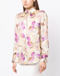 Women's Blouses 2 Colors Women Fashion Vintage Print Blouse Turn-Down Collar Single Breasted Simple Ladies Silk Shirt Autumn 2024