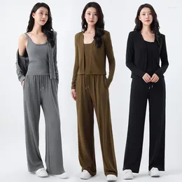 Women's Two Piece Pants Casual Loose Knit Suit Four Seasons Women Outfit Long-sleeved Cardigan V-neck Top Camisole Drawstring High Waist