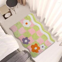 Carpets Tufting Wave Living Room Carpet Soft Grids Floret Rug Bedroom Bedside Mat Door Floor Anti Slip Pad Aesthetic Home Decor 75x90cm