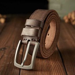 Belts 3.4cm wide vintage leather belt mens stainless steel pin buckle belt high-quality vintage denim leather pants belt Q240401