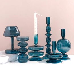 Candle Holders Navy Glass Holder Table Living Room Bookshelf Decoration Tapered Stripe Flower Home Party Wedding Accessories