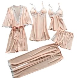 04XI Sexy Pyjamas 2024 Sexy Five-Piece Pyjamas Womens Summer Half Sleeve Bridal Gown Plus Size Homewear Nightgown Bathrobe European and American 2404101