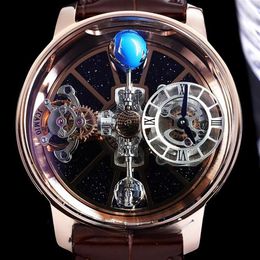 BZF Astronomia Tourbillon Swiss Quartz Mens Watch Rose Gold Steel Case Sky Skeleton 3D Globe Dial won't spin Brown Leather 283336