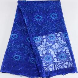 Royal Blue African Mesh Stones Lace Fabric High Quality French Tulle Beaded For Women Elegant Party Dresses Sew 240320