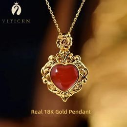 VITICEN Real 18K Gold AU750 Love Heart Red Agate Pendant Necklace Romantic Gift For Woman Classic Present Fine Jewellery 240311