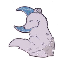 Glitter Shiny Blue Moon Wolf Enamel Brooch Pin Backpack Hat Bag Collar Lapel Pins Badges Women Mens Fashion Jewelry Accessories