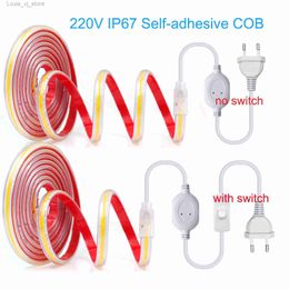 LED Strings 220V COB Strip Light EU Power Plug IP67 Self-adhesive Ribbon Tape Flexible Linear Bar 3000K 4000K 6000K YQ240401