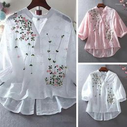 Women's Blouses Retro Style Women Shirt Tops Vintage-inspired Embroidered Floral Shirts For Stand Collar V-neck Loose Fit 3/4