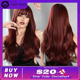 Synthetic Wigs 7JHH WIGS Dark Red Wig with Bang Curly Hair Wigs for Women Synthetic Hair Burgundy Wig 26 Inches Y240401